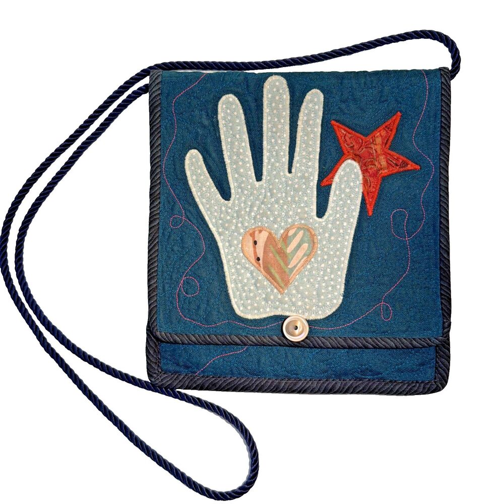 VTG Handmade Quilted Crossbody Purse Boho Folk Art Heart in Hand Paisley Teal